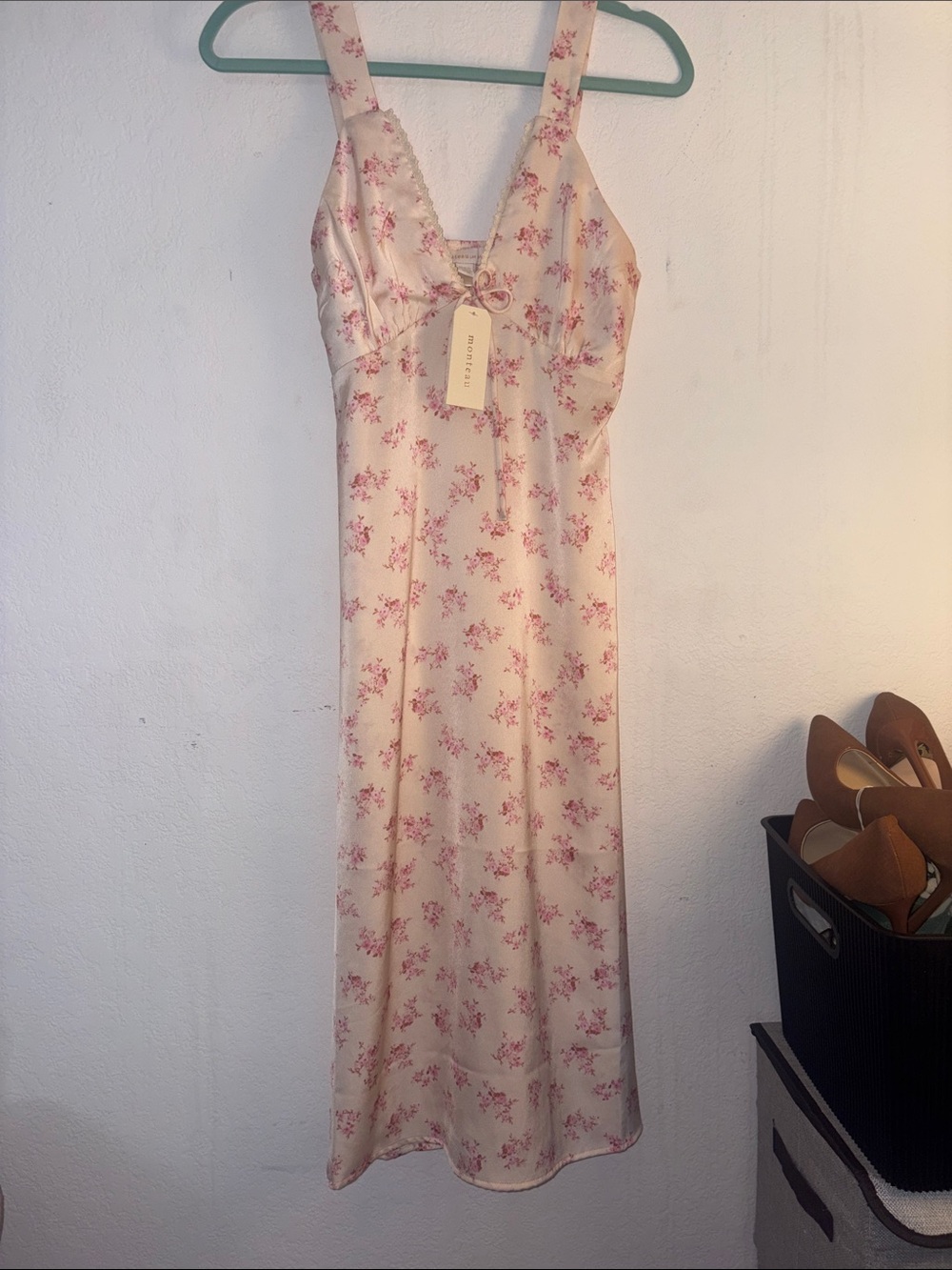 Monteau Cream Midi Dress with Pink Floral Print